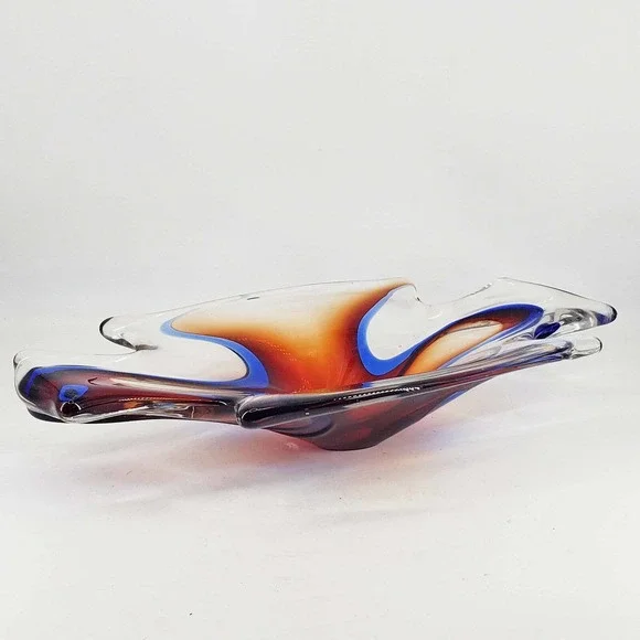 Abstract Blue Red Orange Hand Blown Art Glass Bowl/Candy Dish Polished Pontil - Picture 2 of 5